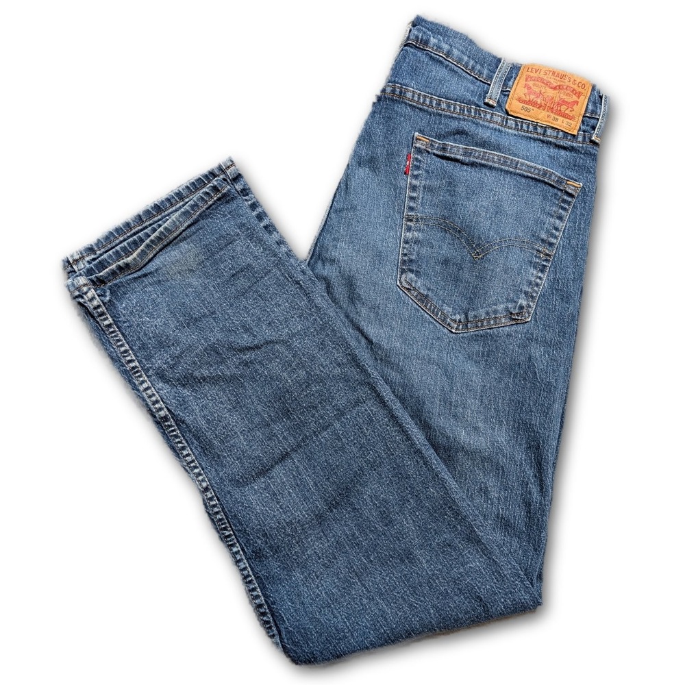 Levi's Mens 38x32 Jeans 505 Blue Regular Fit Denim Stretch Medium Straight Leg